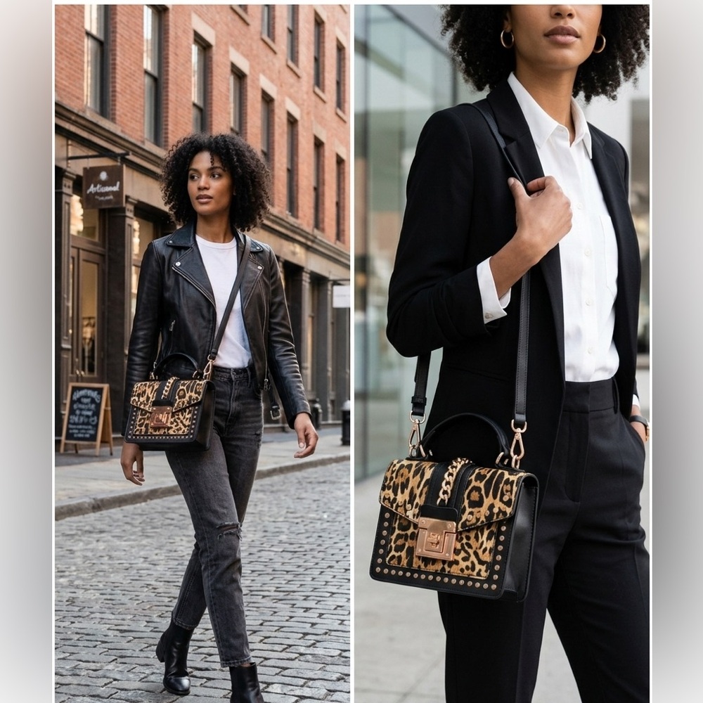 Leopard Print Crossbody Bag, Strap can be removed for handheld strap.